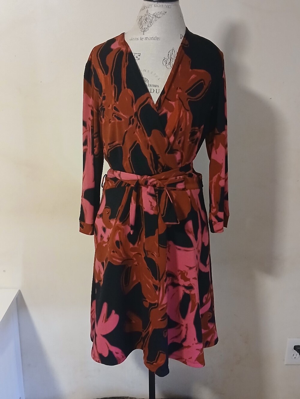 Taylor Black Wrap Midi Dress with Rust and Pink Abstract Print